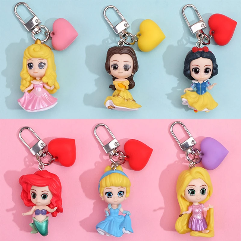 Disney Princess Anime Figure Snow White Ariel Cinderella Rapunzel Aurora Belle Keychain Bag Keyring Children's Toy Birthday Gift