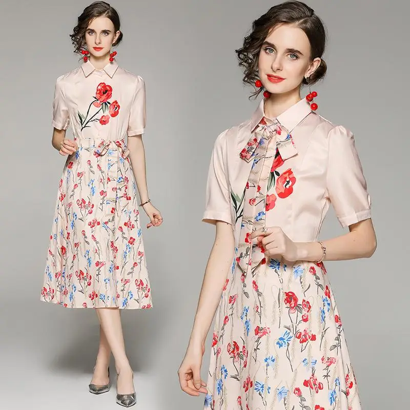 

Short Sleeve Gentle Women Floral Dresses For Summer High Waist Polo Neck Big Swing Romantic Small Feminino Bodycon Bow Vestidos