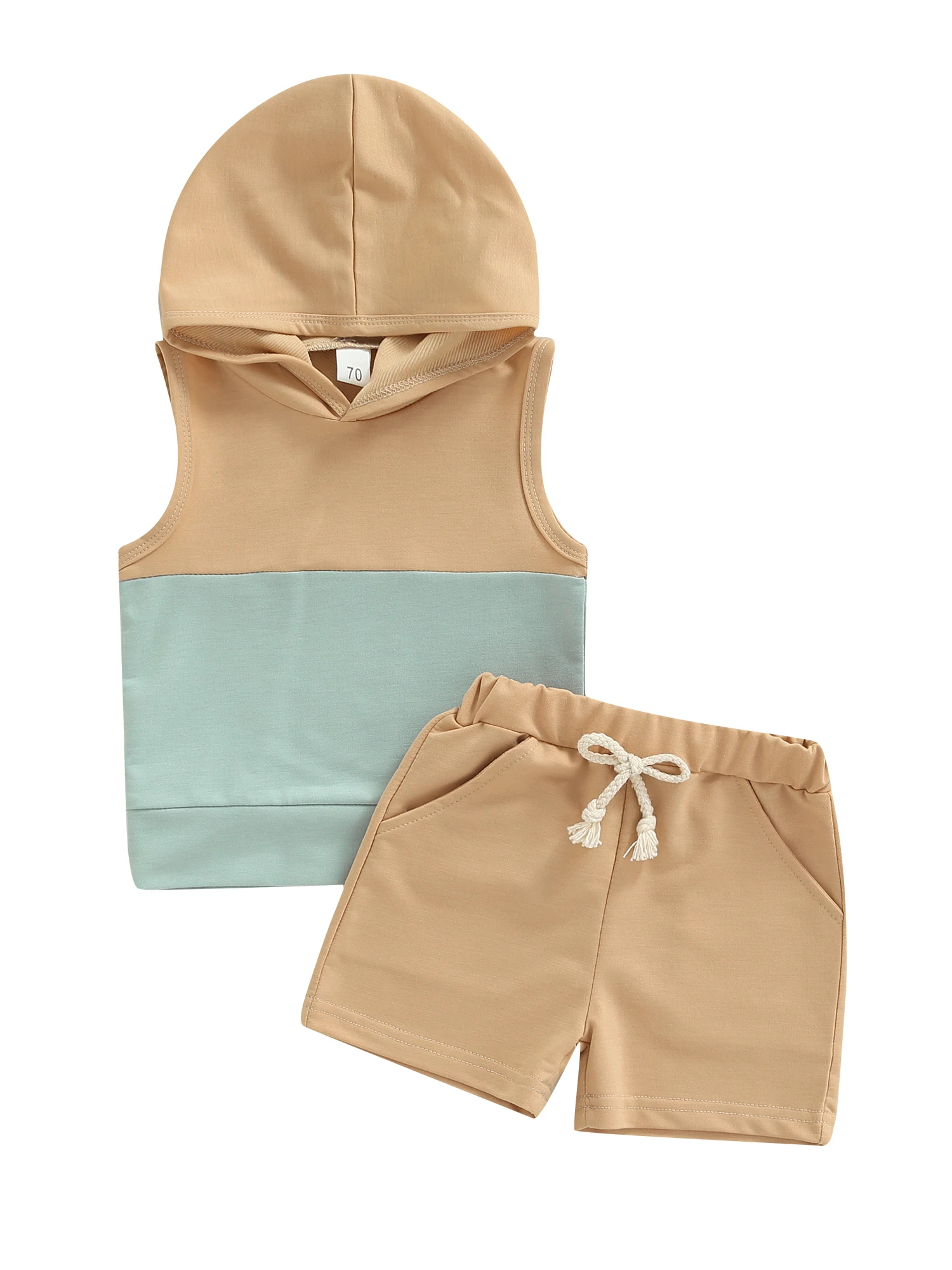 

Infant Baby Boy 2Pcs Summer Clothes Contrast Color Sleeveless Hooded Top Shorts Set
