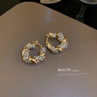 lovoacc korean style shinning rhinestones twisted hoop earrings for women femme gold color metal contrasted c shape earring gift