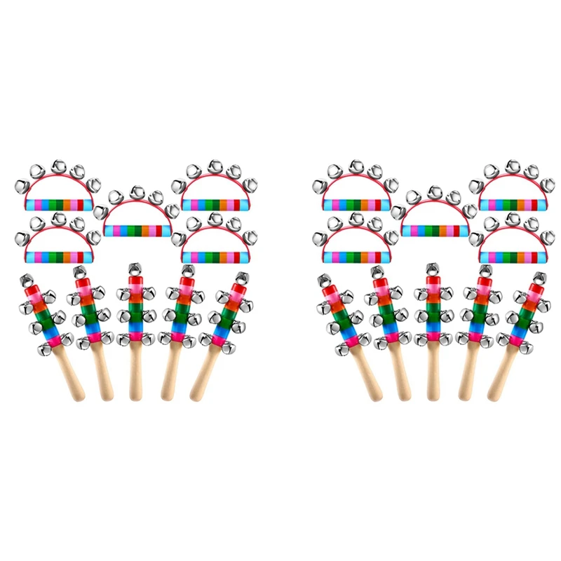 

20 Pcs Hand Bells Rainbow Handle Sleigh Bells Handhold Wooden Bells Jingle Stick Shaker Rattle Musical Instrument School