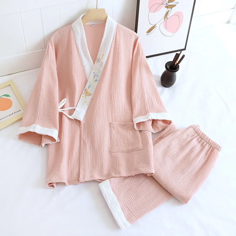 Fdfklak Embroidery V-Neck Japanese Kimono Pajamas Set For Women Cotton Home Sleepwear Autumn Fashion Thin Loose Nightwear
