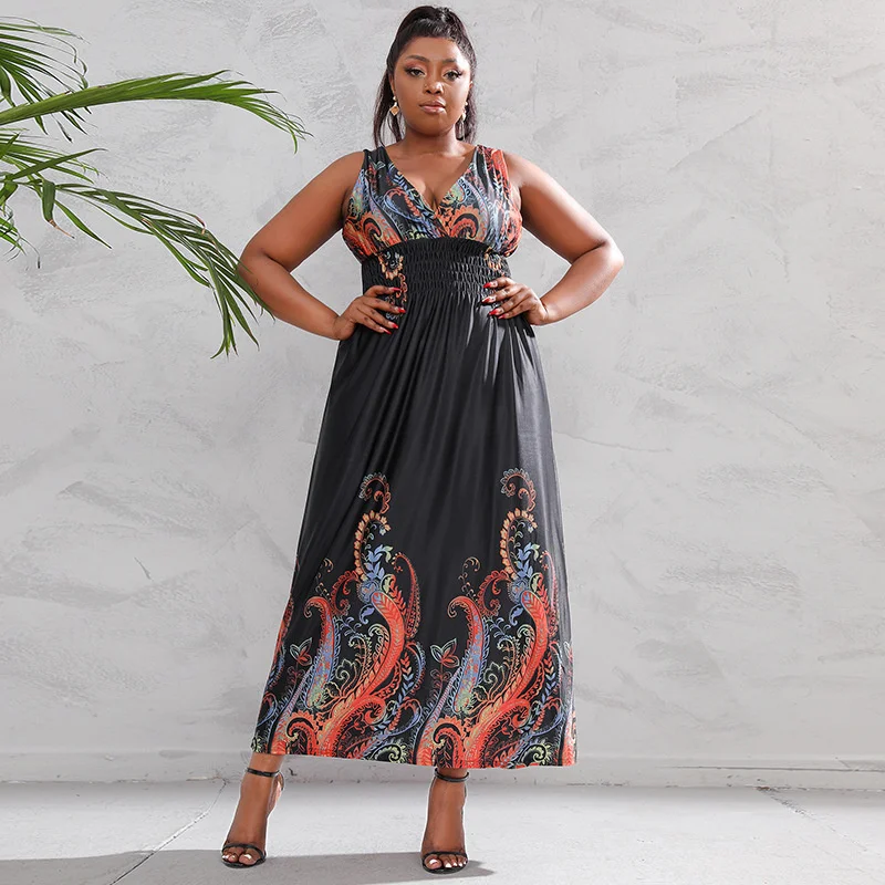2022 Plus Size Large Hem Printed Multicolor Dress For Travel Party Wear Style Multicolor Long Women's Dress
