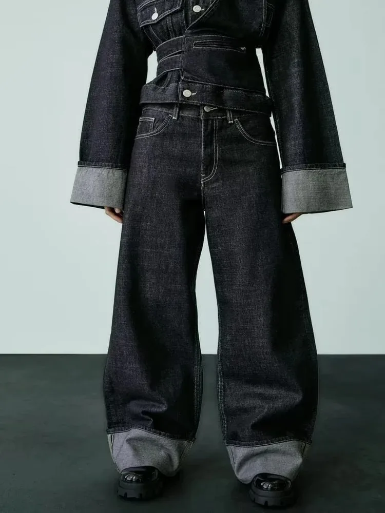 TRAFZA женская мода Casual Rolled Pants Solid Colour Button Loose Wide Leg High Waist Streetwear Commuter Jeans