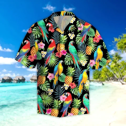 Новая гавайская рубашка с 3D-принтом в виде попугая, тропический гибискус, летняя пляжная рубашка с коротким рукавом, мужская повседневная крутая рубашка в стиле Харадзюку