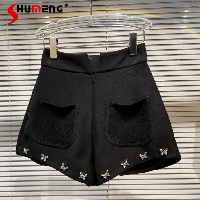 

2022 Summer Women's Fashion Classic Style Double Pocket Metal Butterfly Short Pants Women's Elegant Simple Straight Suit Shorts