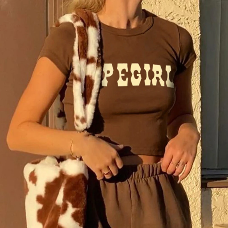 

Women Summer Crop Tops Letter Print Round Neck Short Sleeves Slim T-Shirt Streetwear Navel Tops Sexy Clothes Girls Women T-shirt