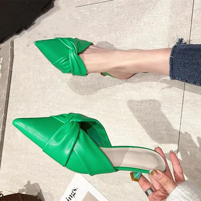 

Sapatos Salto Women Cute Green Pointed Toe Light Weight Slip on Heel Shoes Lady Casual Beige Stiletto Heel Zapatos De Mujer H322
