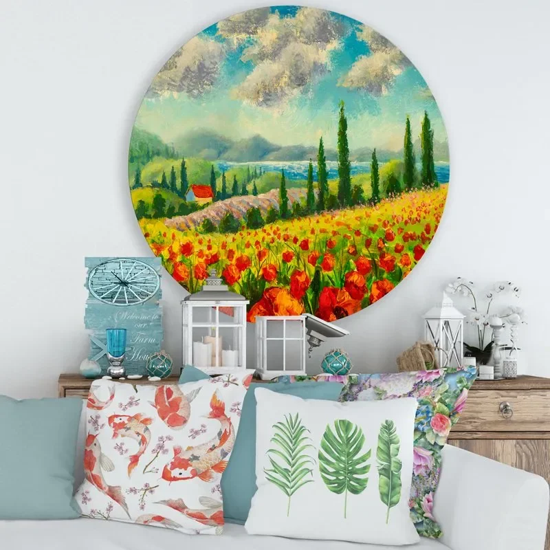 

' Landscape With Poppies Flowers By Riverside' Traditional Circle Metal Wall Art 36x36 - Disc of 36