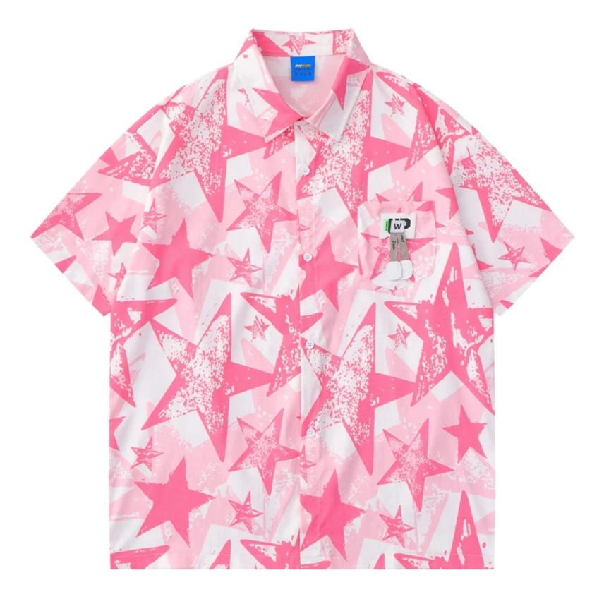 

Рубашка Y2K в стиле хип-хоп с пятиконечными звездами и граффити, Летние повседневные блузки в стиле Харадзюку, топы с коротким рукавом и пуговицами, кавайная одежда для подростков