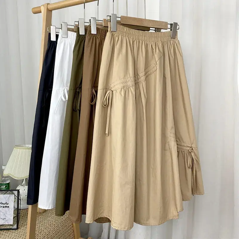 

Folds Asymmetrical Solid Quilted Long Skirt Summer Kawaii Elegant Casual Skirts Spring Loose Korean Fashion Clothes For Women