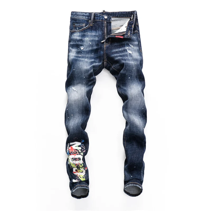 High Street Fashion Men Jeans Retro Blue Elastic Slim Fit Printed Ripped Jeans Men Brand Designer Hip Hop Denim Pants Hombre