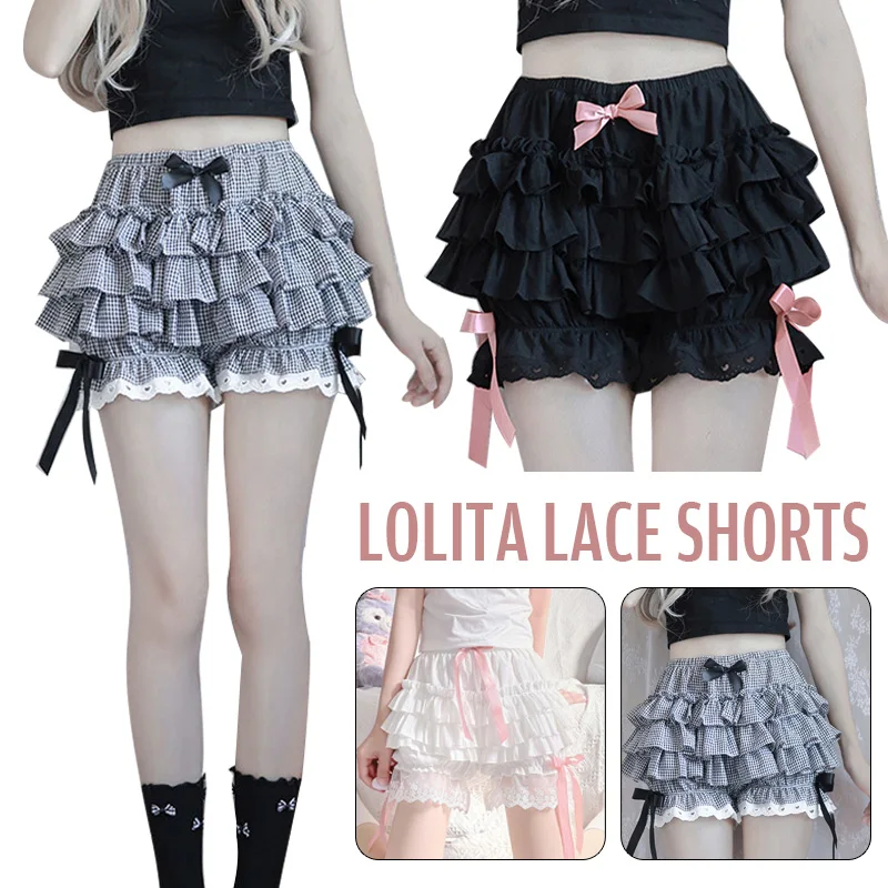 Womens Lolita Maid Ruffle Shorts Girl Sweet Lace Ruffles Safety Shorts Cotton Pants JK Bloomers Cute Underpants Short Pants