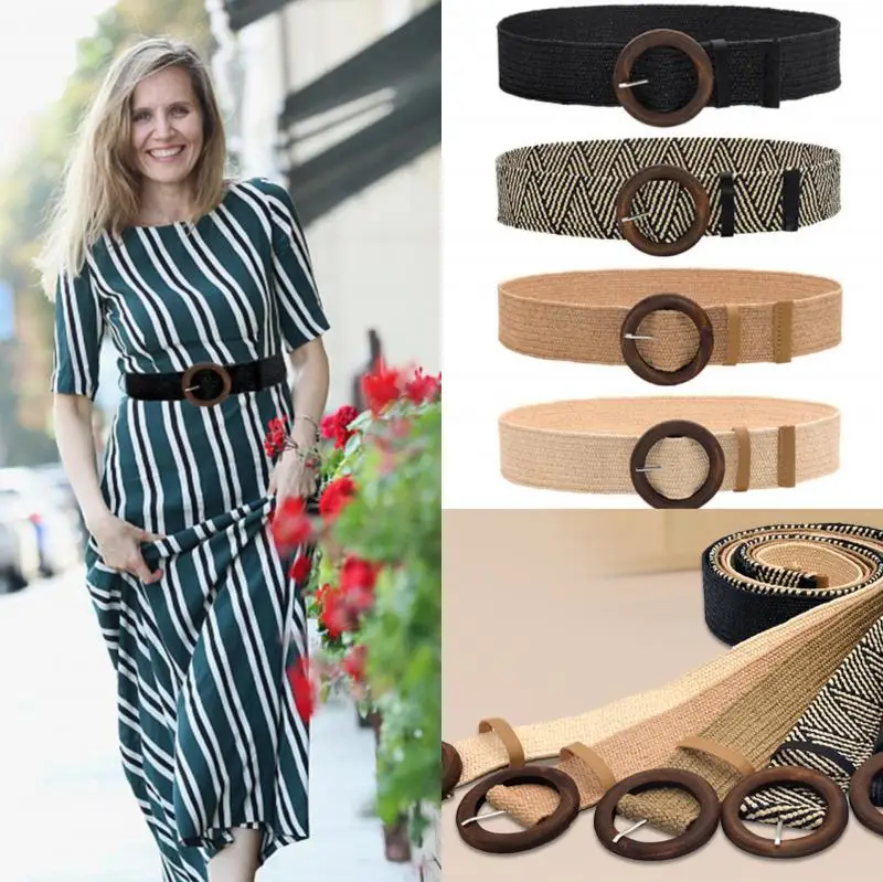 

Wide Waist Elastic Belt For Women Wooden Buckle Solid Knitted Belts All Match Skirt Summer New Casual Clothing Accessories