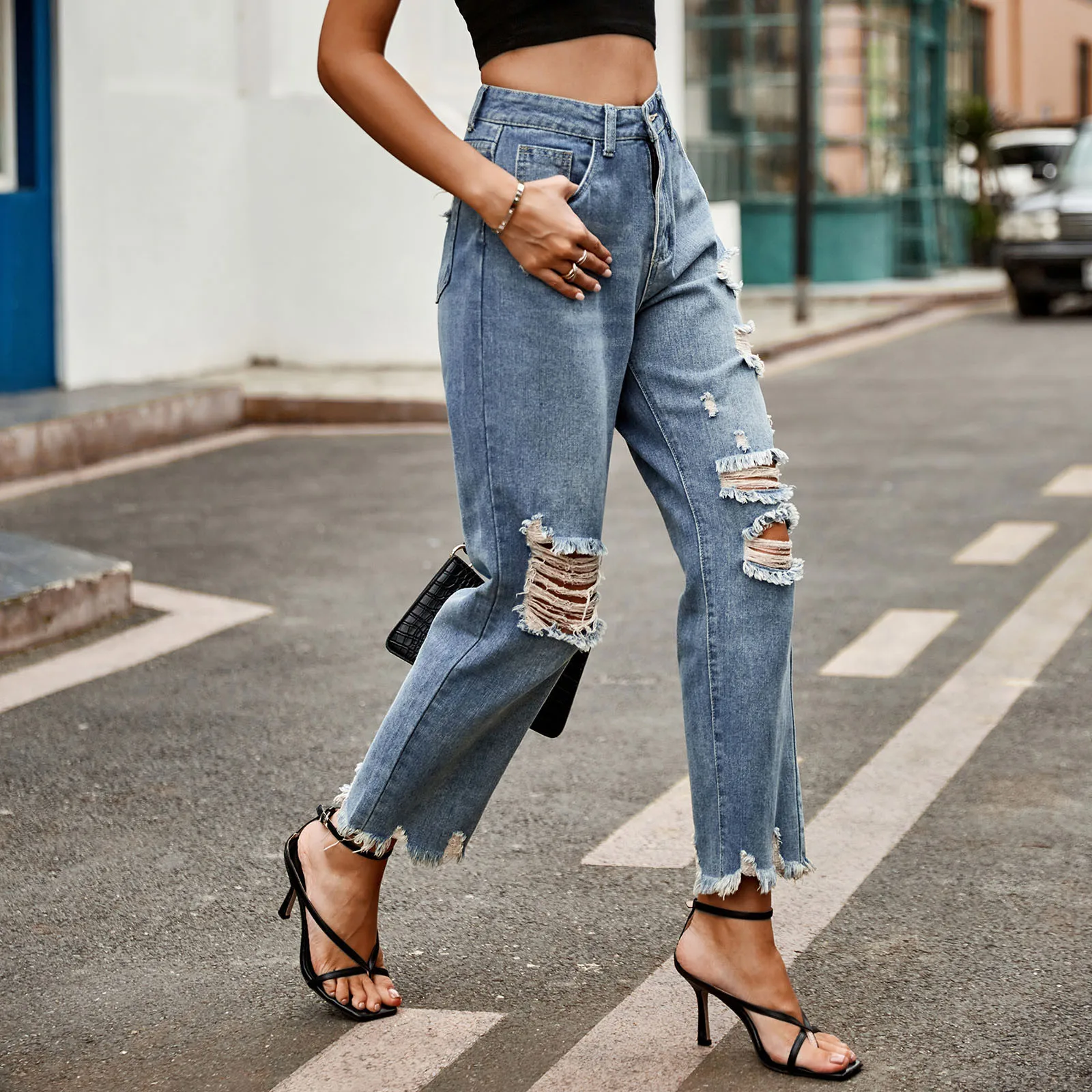 Elegant  Streetwear Long Jeans Straight Leg Holes Pants Summer Pocket  High Waist Women's Jeans Trousers Dailywear Pantalones