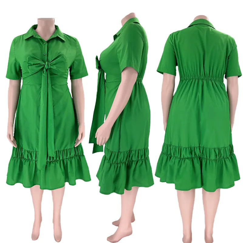 Plus Size Loose Dress Bow V Neck Elegant Women Clothing Chubby Female Luxury Robe 2023 Summer Trendy Party Fluid Wide Dress