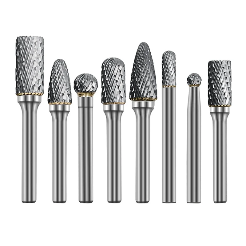 8Pcs Carbide Burr Set 1/4 Inch Diameter Double Cut Grinding Polishing Carving Tool For Die Grinder Kits