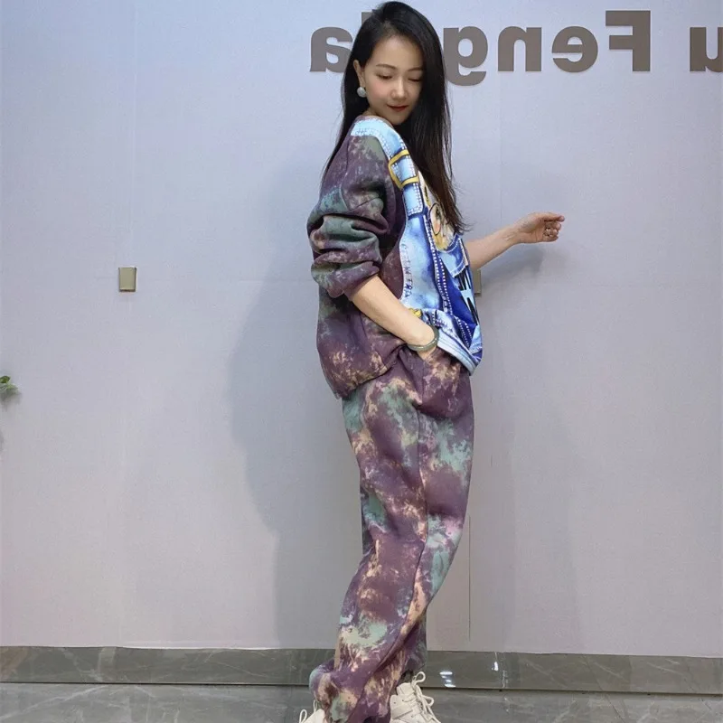 2024 зимняя флисовая утолщенная толстовка с круглым вырезом наряды принтом тай-дай