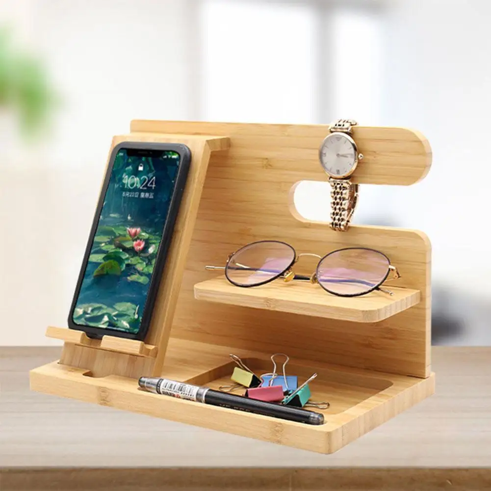 

Multifunctional Desktop Wooden Phone Docking Station Wood Charging Hub Key Holder Wallet Stand Watch Organizer Present