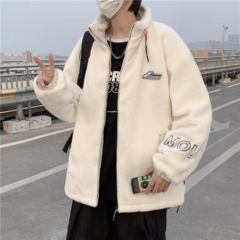 2022 Fashion Winter Coat Men's Jacket Casual Bomber Jacket Stand Collar Zip Up Faux Shearling Shaggy Oversized Shacket Jacket