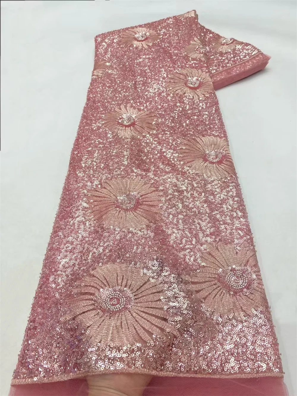 Персиковая высококачественная африканская кружевная ткань ручной работы с