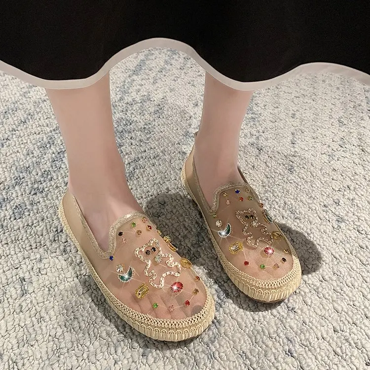 

Женские сетчатые дышащие туфли на плоской подошве, женская летняя модная блестящая повседневная обувь с кристаллами, женские туфли на плоской подошве без застежек