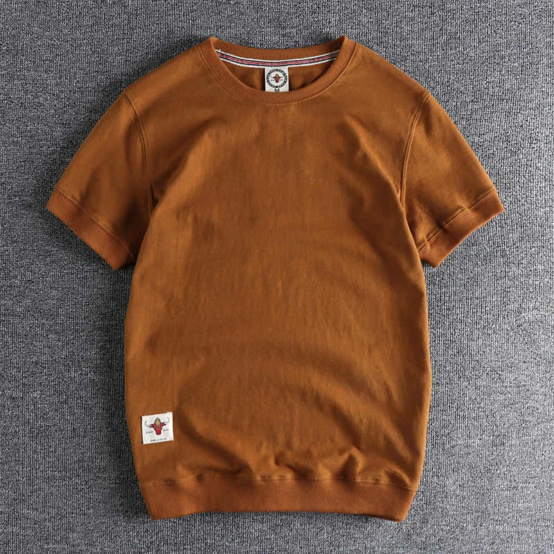 

Summer New American Retro Heavyweight Short-sleeved O-neck Soild T-shirt Men's Fashion Simple 100% Cotton Washed Old Casual Tops