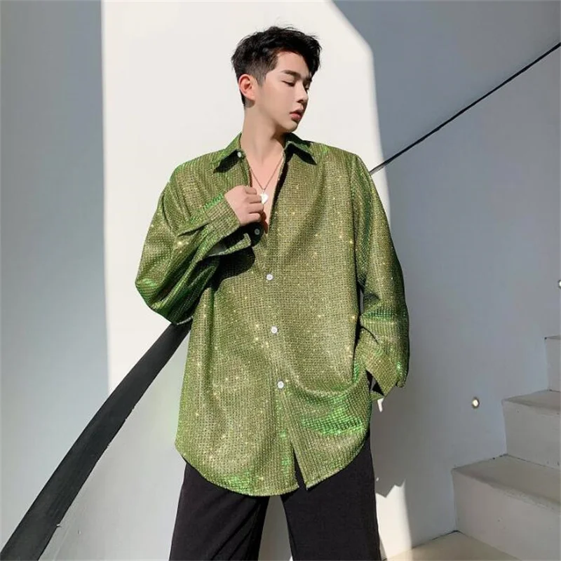 Spring T Shirt Men'S New Product Sparkling Long Sleeve Nightclub Stage Bar Night Show Tide Ins Green Gold Fashion Clothes