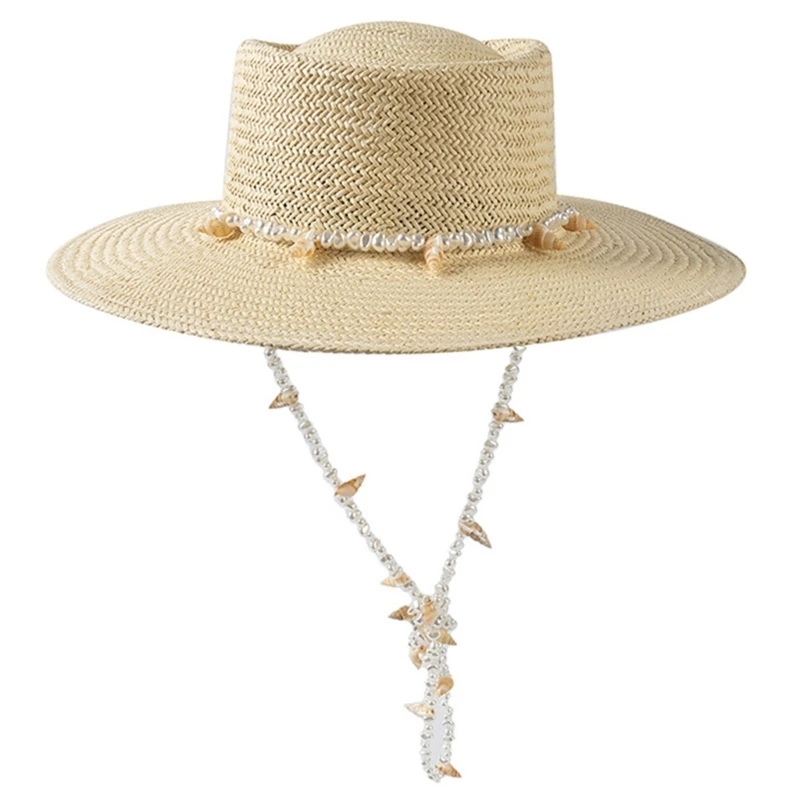 

Womens Straw Hat 3.3in Wide Brim Beach Hat Beaded String Summer Hat
