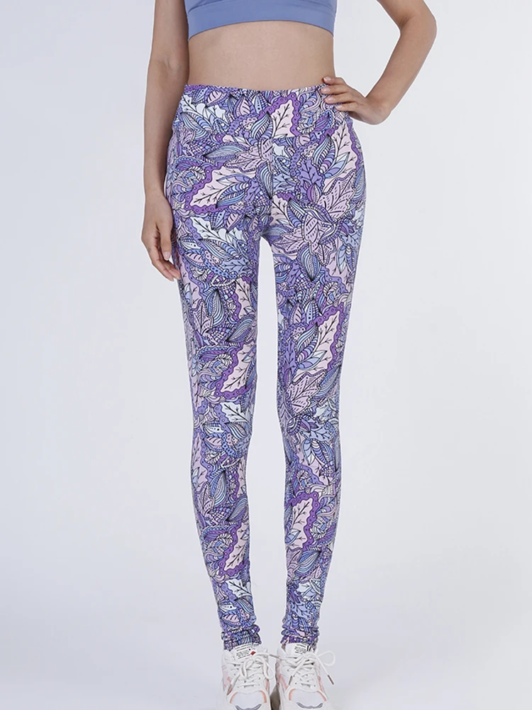 

CUHAKCI Push Up Yoga Pants High Elastic Gym Workout New Purple Pink Leaf Print Leggings Women High Waist Tight Trousers Fitness