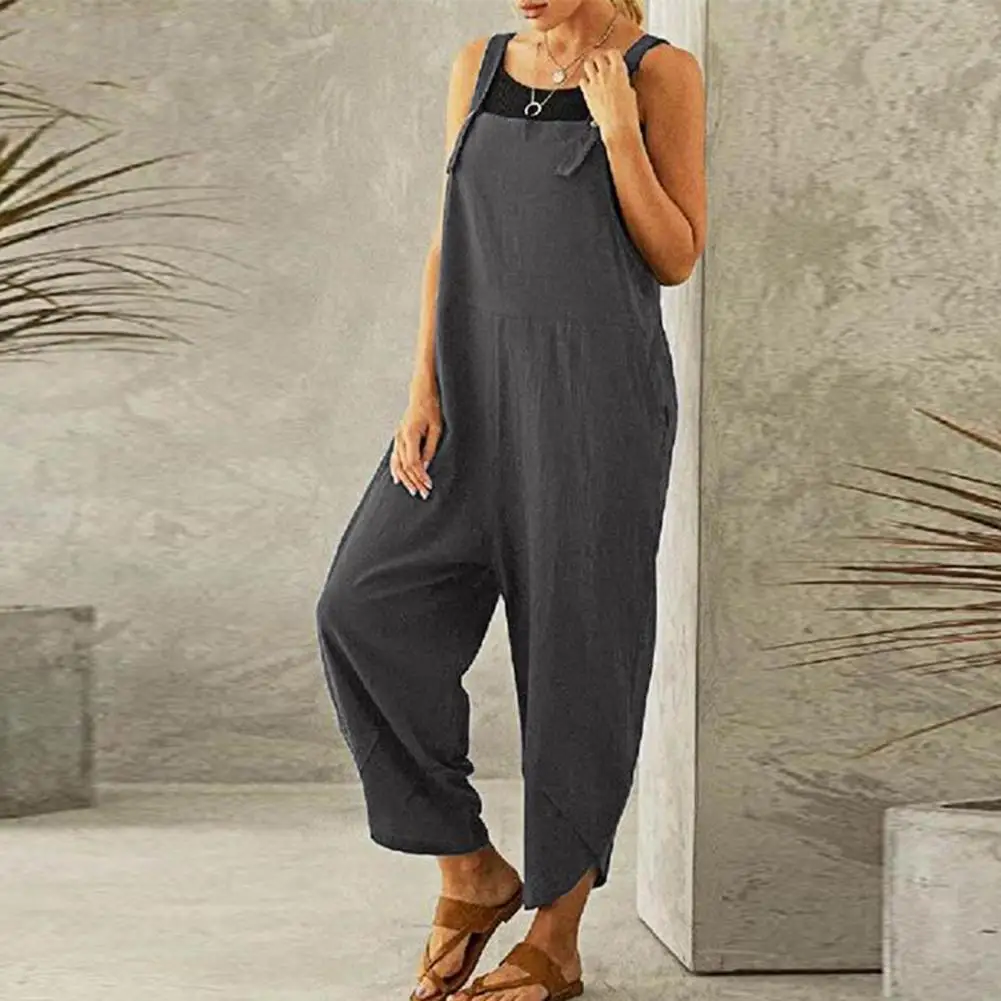

Casual Fashion Jumpsuit Casual Ladies Jumpsuit Pockets Solid Color Shoulder Strap Jumpsuit Irregular Leg Opening