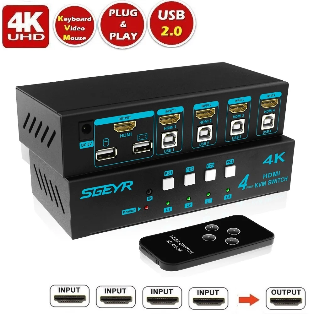 SGEYR 4-портовый USB HDMI KVM переключатель 4K KVM HDMI переключатель сплиттер Поддержка USB мыши клавиатуры переключатель 4K x 2K/30 Гц 1080p с ИК-пультом дистанционного управления