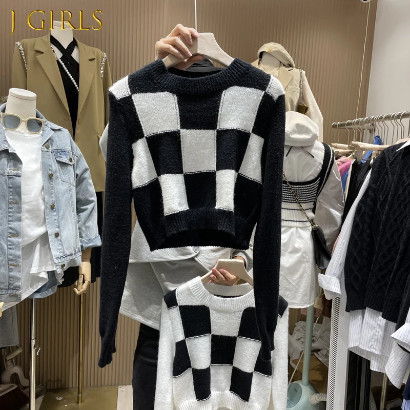

J GIRLS Hit Color Plaid Sweater Women Autumn 2021 New Korea Style Female O-neck Long Sleeve Short Knitted Pullover Casual