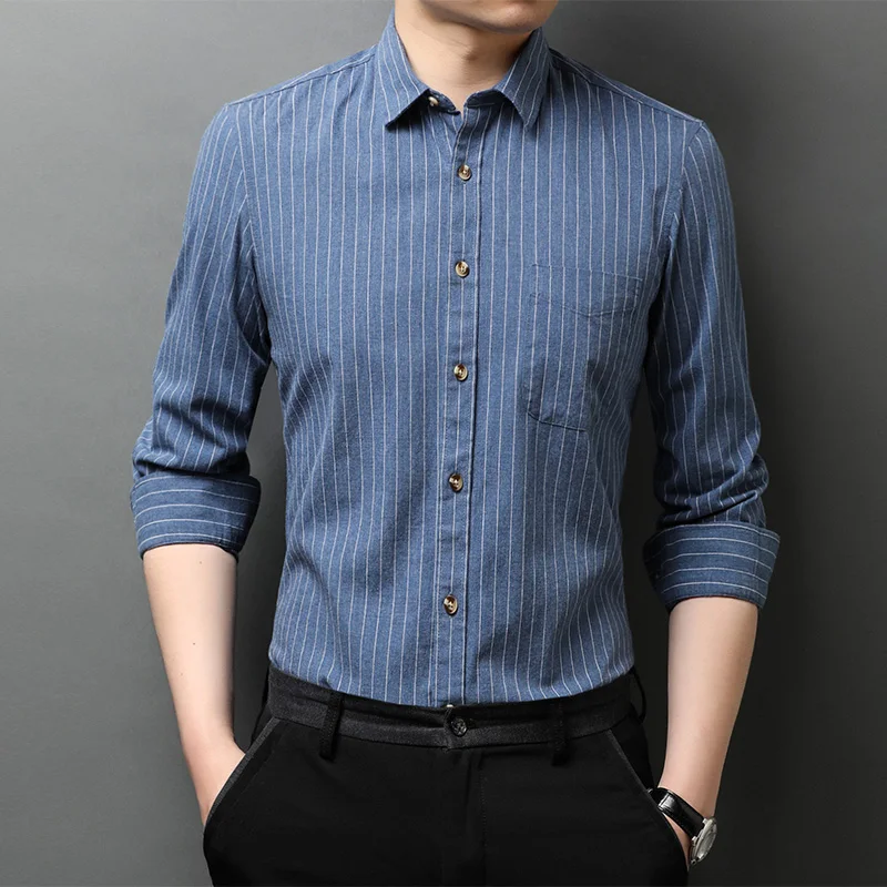 

2023 spring autumn cotton stripe long-sleeved shirt men pocket business casual shirts qwe9717
