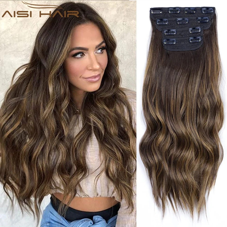 AISI HAIR 4pcs/set Natural hair extensions Clip In Hair Extensions Synthetic Long Wavy Hair Extensions Thick Hairpieces - изображение