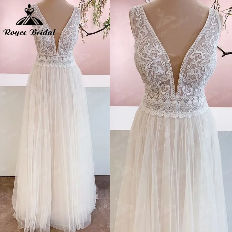 

Robe de mariee A Line Wedding Dress Plus Size Tank V Neck Lace Tulle Backless Sweep Train Bridal Gown trouwjurk Roycebridal 2022
