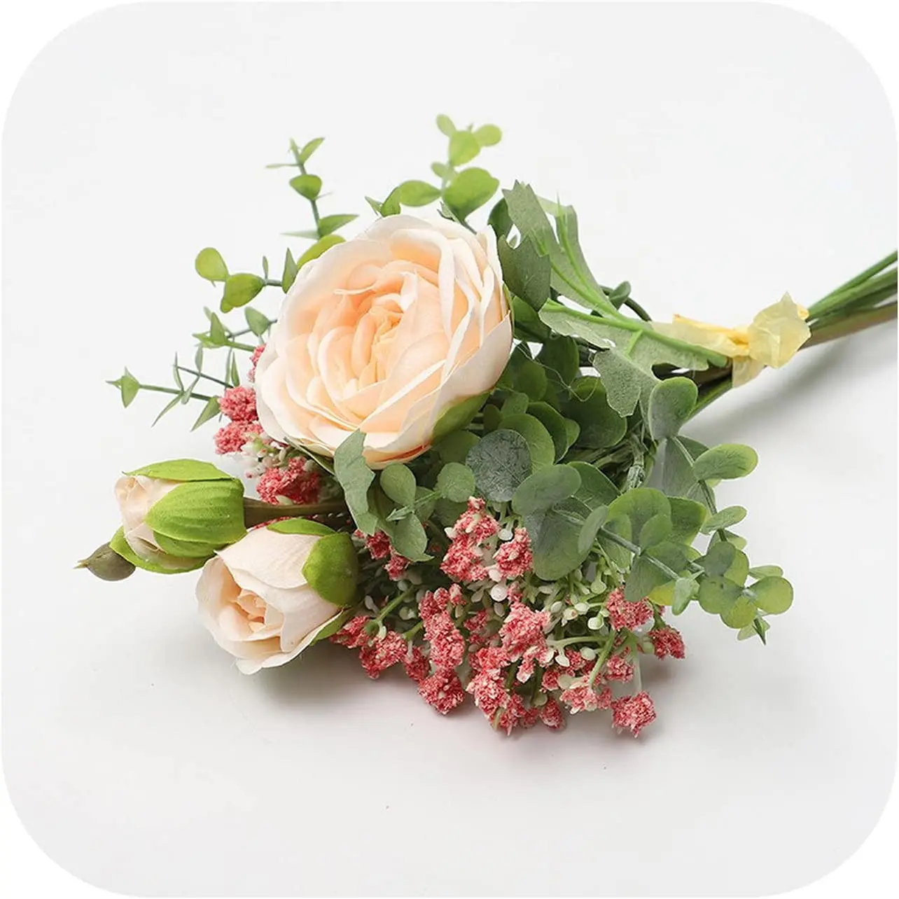 

Eucalyptus Roses Gypsophila Artificial Flower Hybrid Bouquet Fake Flower Bridal Hand for Wedding Home Party Decoration-Champagne