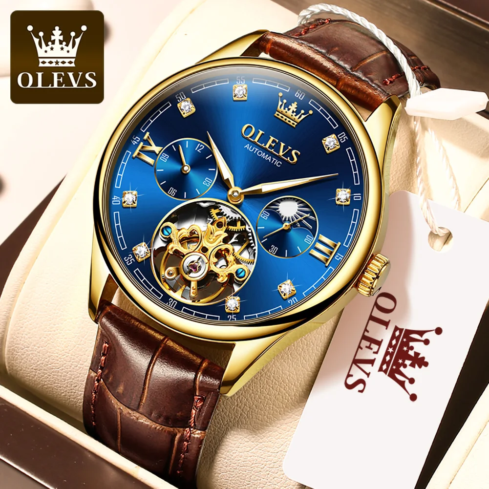 OLEVS Fashion Men Business Watch Luxury Tourbillon Genuine Leather Quartz Watch Luminous Clock Mens Casual Watches Waterproof