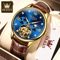 olevs fashion blue tourbillon skeleton mechanical watch luxury gold plated dial leather watch luminous waterproof mens watches