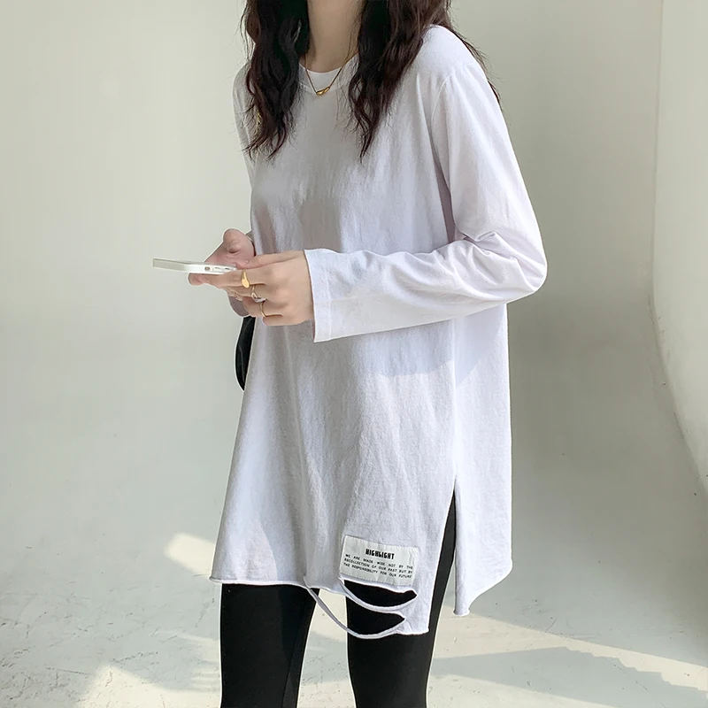 

2022 spring and autumn new cotton bottoming shirt women's Korean version loose foreign style long-sleeved t-shirt ripped top