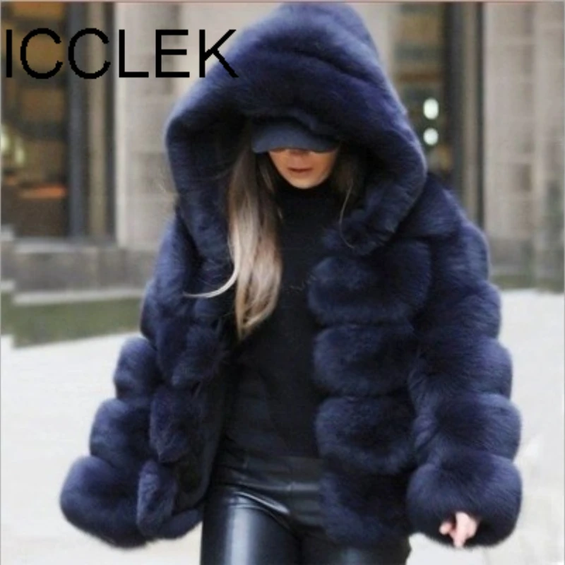 ICCLEK Haining fur autumn and winter new artificial fur fox fur hooded medium long fur coat female