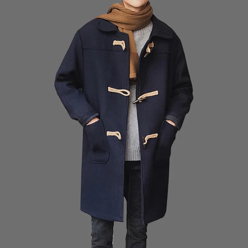 Men's Wool Coat Spring Winter Coats Men Horn Button Jacket Wool Long Jackets Coats Fashion Casual Male Outerwear High Quality