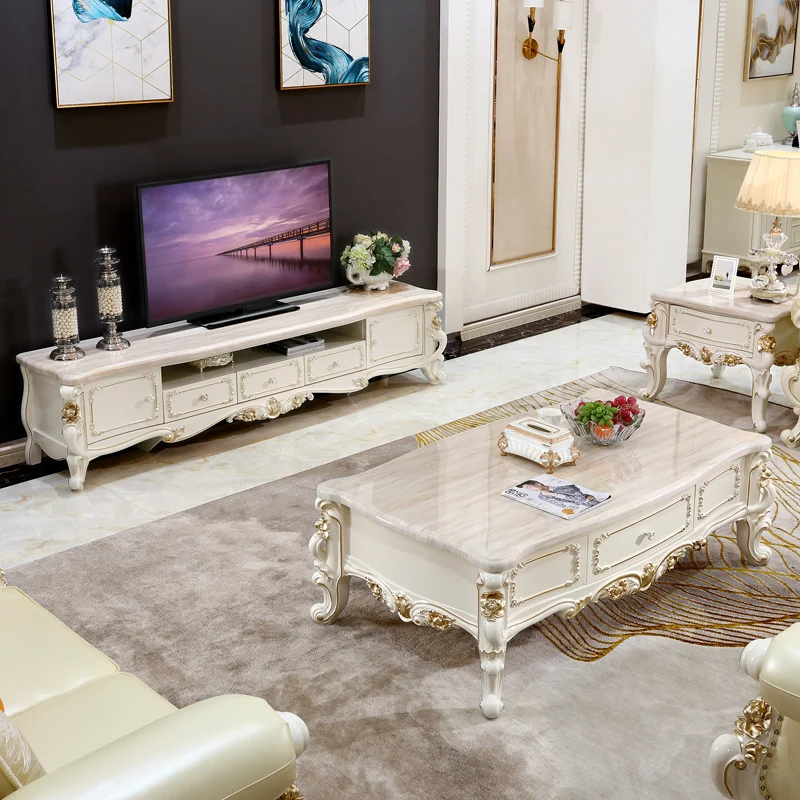 

European style tea table TV cabinet combination ivory white carved gold painted full solid wood European style marble tea table