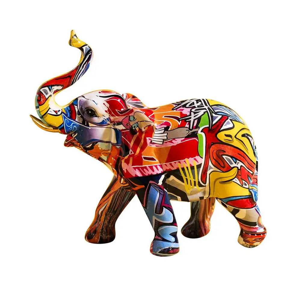 

Colorful Water Transfer Graffiti Elephant Statue Resin Art Animal Statue Sculpture Wealth Auspicious Home Aesthetic Decorations