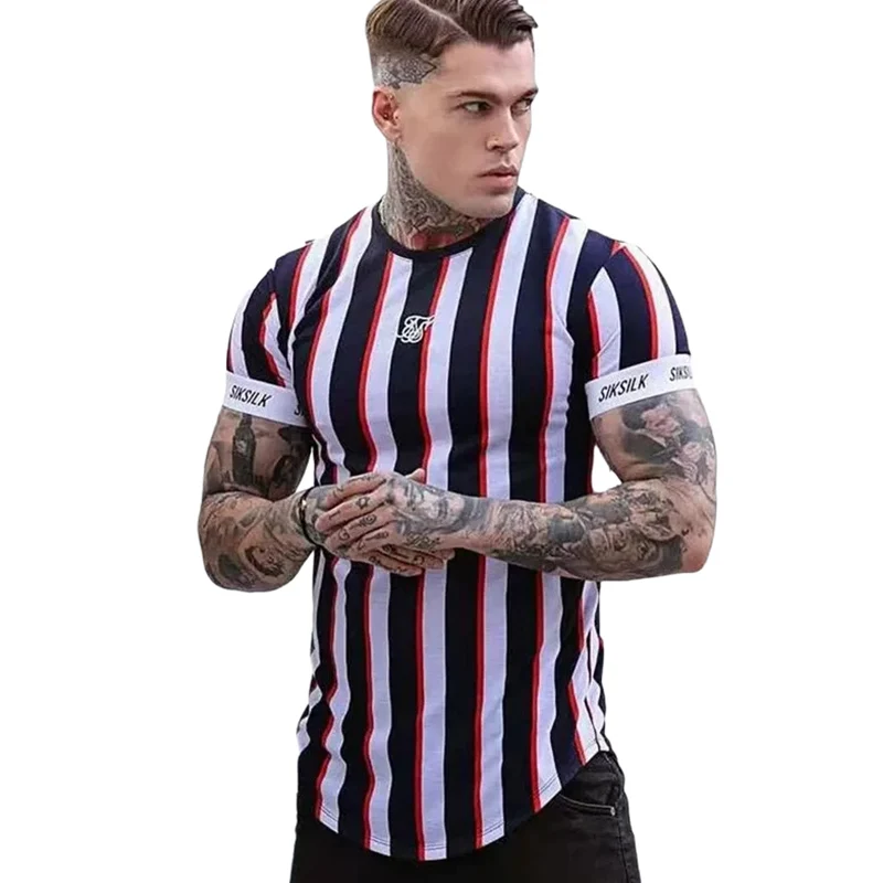 

Sik Silk 2021 Summer Men's New Casual T-Shirt Fashion Striped Tide Brand Hip-Hop Short-Sleeved Street Clothing Sports Slim Tops