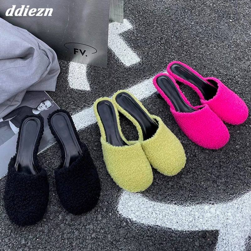 

Fashion Fur Heels Mules Sandals For Ladies New 2023 Strange Style Women Pumps Slippers Slip On Footwear Female Sldies Shoes