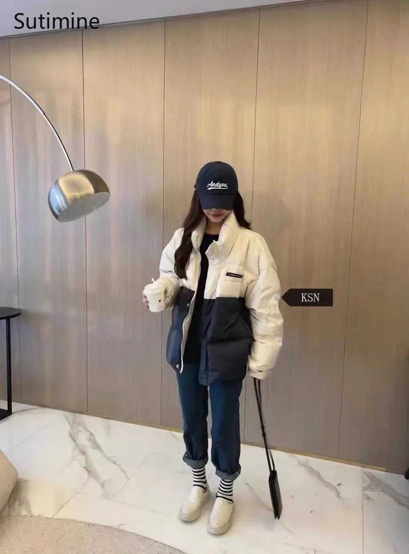 Winter Coat Women Office Lady Button Down Cotton Jacket Women Loose Splicing Color Contrast Cotton Jacket Pockets Winter Coat