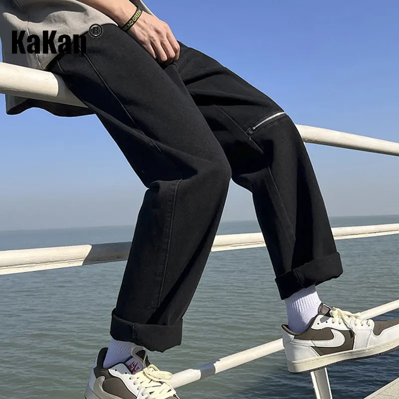 Kakan - European and American New Men's Knee Zipper Jeans, Loose Straight Fit Versatile Wide Leg Long Jeans K24-KJ516