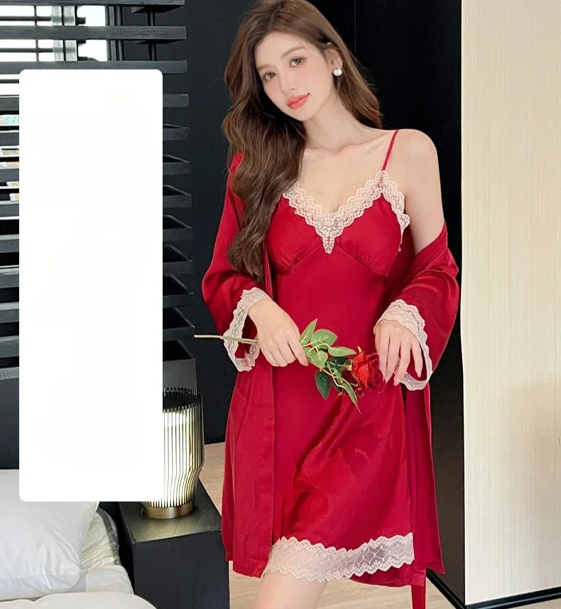 2 шт. шелковистый атласный халат невесты костюм весна-лето женское кимоно