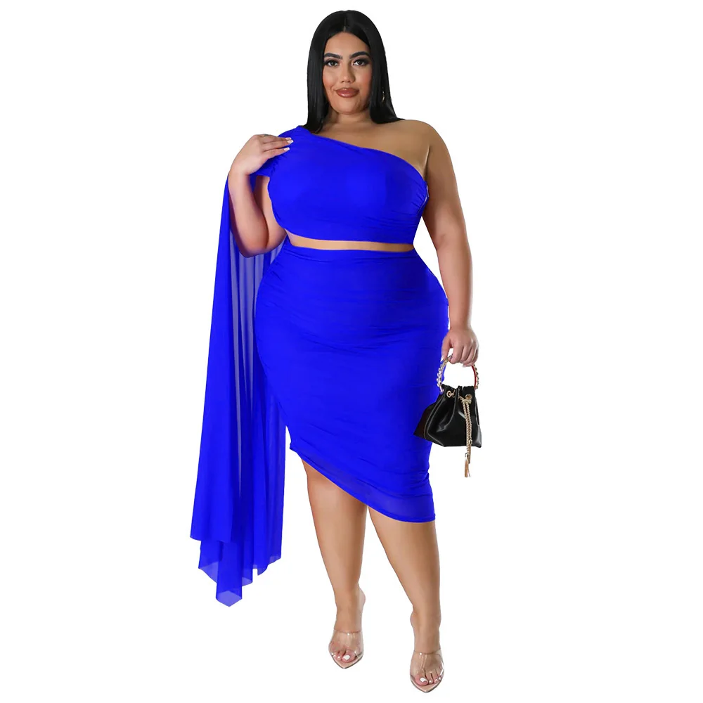 Plus Size Two-piece Sets Fashion Female High Elasticity Diagonal Collar Pleated Short Top And Skirt Outfits Casual Solid Color